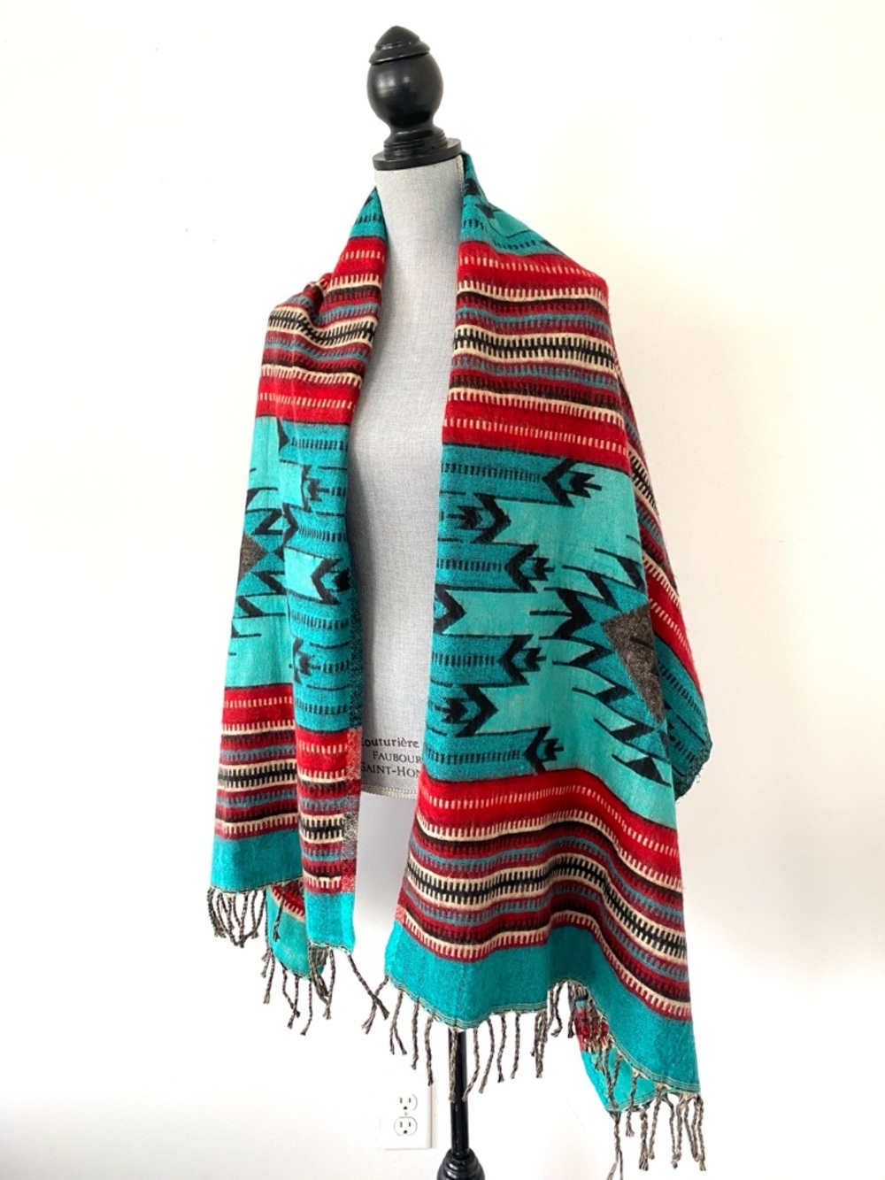 VTG Southwestern Aztec Shawl Red, Black & Turquoise Western Boho Coastal Cowgirl